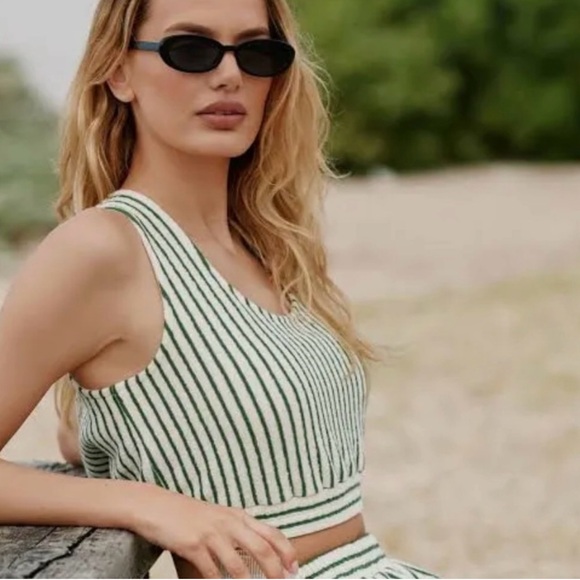 Sunday in Brooklyn Tops - Sunday in Brooklyn Green Cream Terry Striped Crop Top